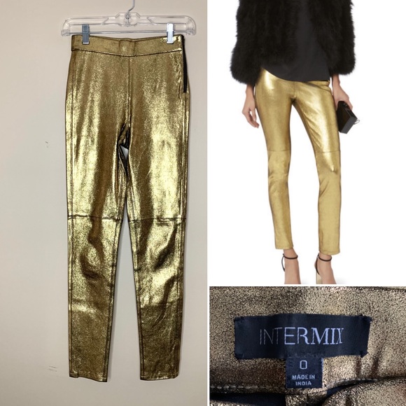 INTERMIX Hartley stretch gold leather leggings. Size 0 - Picture 1 of 10